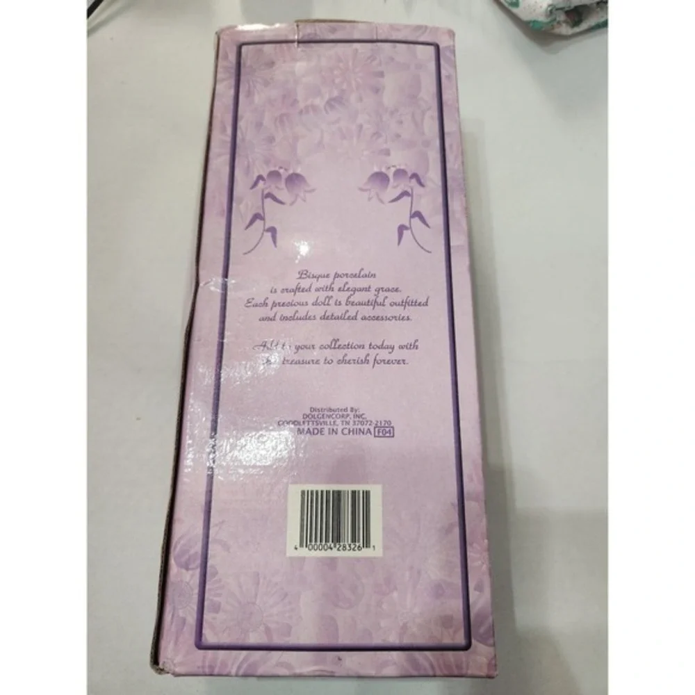 Collectable Porcelain Doll in Box Blonde Hair Blue Eyes Brown Dress FlowerBasket - Picture 4 of 7